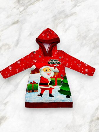 Şardonlu Yeni Yıl Yılbaşı Noel  Baba Santa Tema Baskılı Kapüşonlu Peluş Detay Mini Elbise