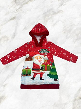 Şardonlu Yeni Yıl Yılbaşı Noel  Baba Santa Tema Baskılı Kapüşonlu Peluş Detay Mini Elbise