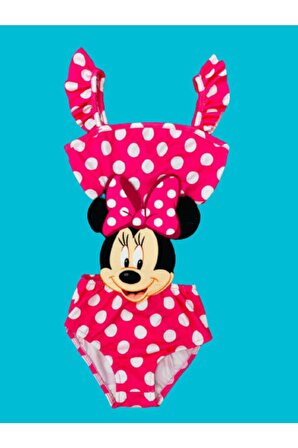 Kız Çocuk Mayokini Puantiye Kurdela Mickey Temalı Pembe Renk Kol Fırfırlı Kostüm Mayo