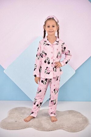 Kız Çocuk Pembe Renk Yeni Sezon Mickey Love Desenli Baskılı Pijama Takımı Göz Bandı
