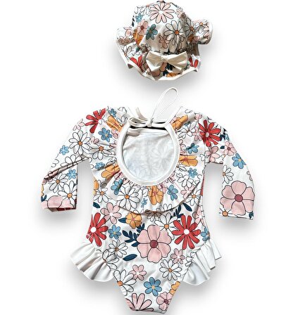 Kız Çocuk - Bebek  Mayo Uzun Kol Fırfırlı Mayo Fiyonk Detay Şapkalı Koruma Hassas Ten Sırt Detaylı Çiçek Baskılı
