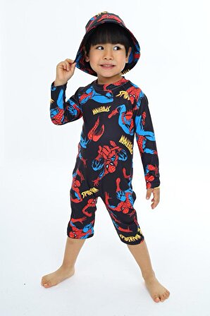 Erkek Çocuk Mayo Tam Vücut Güneş Koruma Hassas Ten SpiderMan Örümcek Adam Desen Mayo Şapka Hediyeli
