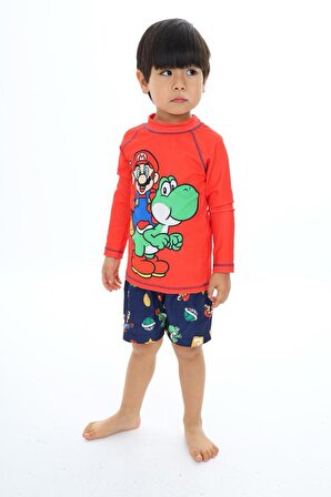 Erkek Çocuk Çizgi Karakter Super Mario Kırmızı Renk T-shirt Şort Mayo Seti Üst Dalgıç Alt Paraşüt