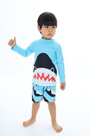 Erkek Çocuk Çizgi Karakter Sevimli Jaws KöpekbalığıMavi Tonlu Renk T-shirt Şort Mayo Seti Üst Dalgıç Alt Paraşüt