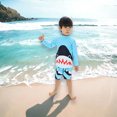 Erkek Çocuk Çizgi Karakter Sevimli Jaws KöpekbalığıMavi Tonlu Renk T-shirt Şort Mayo Seti Üst Dalgıç Alt Paraşüt