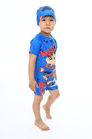 Erkek Çocuk Güneş Koruyucu Mayo Seti 3'lü Takım Sevimli Tazmanya Baskılı Vücudu SaraN Model