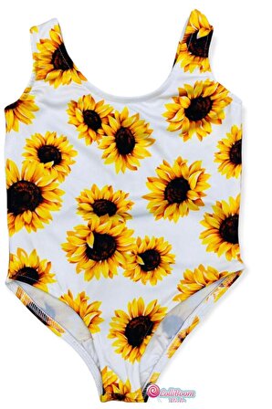 Kız Çocuk Sunflower Ayçiçeği Desen Beyaz Üzeri Baskılı Mayo Yeni Sezon