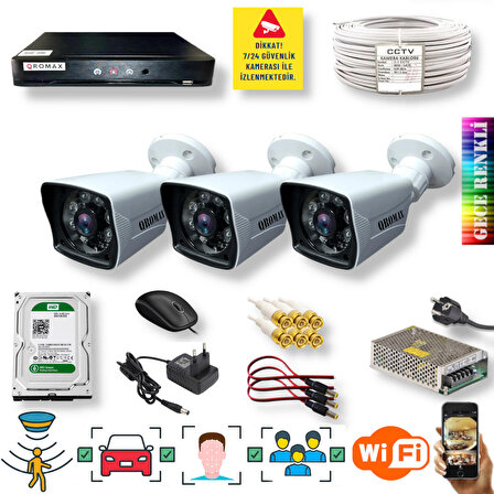  3 Kamerali Set - Araç İnsan Yüz Ve Hareket Algilayan 1080p 5mp Sony Lens Gece Renkli Gösteren Güvenlik Kamerasi Seti 906W