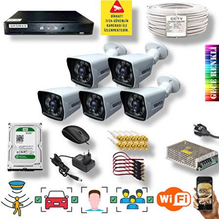  5 Kamerali Set - Araç İnsan Yüz Ve Hareket Algilayan 1080p 5mp Sony Lens Gece Renkli Gösteren Güvenlik Kamerasi Seti 906W