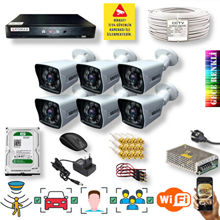  6 Kamerali Set - Araç İnsan Yüz Ve Hareket Algilayan 1080p 5mp Sony Lens Gece Renkli Gösteren Güvenlik Kamerasi Seti 906W