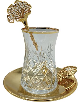 Ravi Jade Çiçekli Çay Seti Gold Kaplama 6'Lı