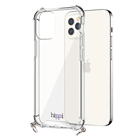 Hippi iPhone 12 Pro Uyumlu Darbe Emici Dayanıklı Sert Şeffaf Silikonlu Askılı Telefon Kılıfı