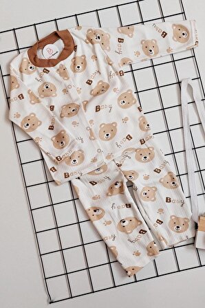 Ayıcık Baskılı Bebek Önden Çıtçıtlı Pijama Takımı