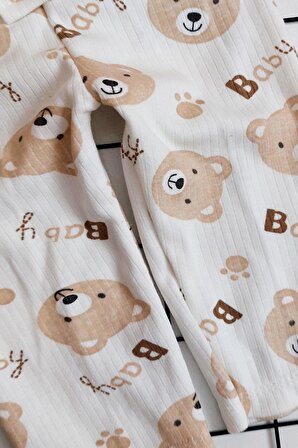 Ayıcık Baskılı Bebek Önden Çıtçıtlı Pijama Takımı