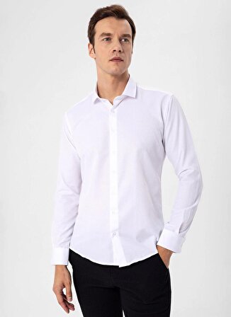 Süvari Slim Fit Klasik Yaka Armürlü Beyaz Erkek Gömlek GM2024700351
