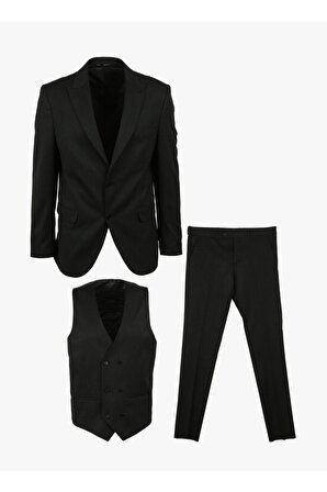 Süvari Siyah Erkek Sivri Yaka Slim Fit Armürlü Takım Elbise
