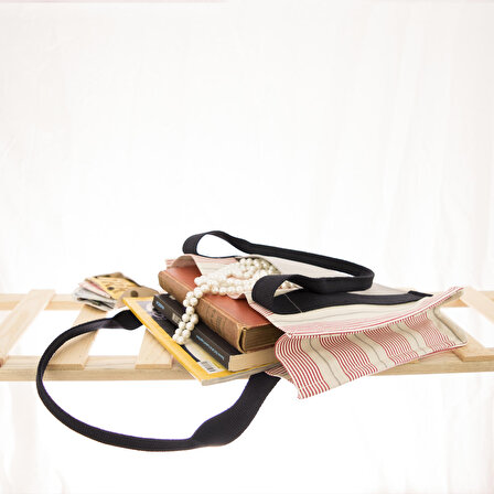 Deri Cepli Kanvas Tote Bag, Orta Boy Çizgili Kadın Kol ve Omuz Çantası, 35x25 cm, İç Cep, Mıknatıslı