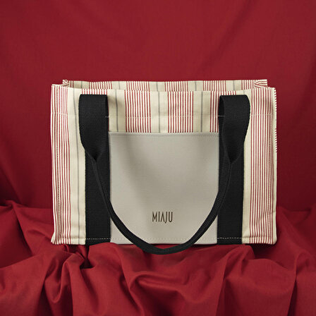 Deri Cepli Kanvas Tote Bag, Orta Boy Çizgili Kadın Kol ve Omuz Çantası, 35x25 cm, İç Cep, Mıknatıslı