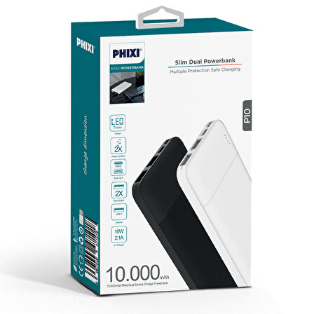 Phixi Basic P10 Çift Çıkışlı ve Çıkışlı 10.000mAh 2.1A Slim Powerbank