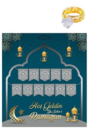 Gümüş 230 cm Hoşgeldin Ya Şehri Ramazan Banner + Led - Hoşgeldin Ramazan Banner Ramazan Süsleri