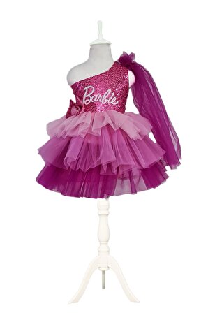 Tek Omuz Barbie Kostümü + Barbie Figü Seti - Barbi Elbise- Barbie Elbise Barbie Cosplay Pembe Elbise