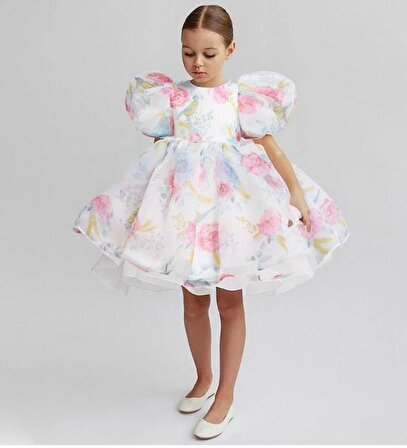 Keukenhof Desenli Kız Çocuk Abiye - Kabarık Kız Çocuk Abiye Elbisesi - Balon Çocuk  Elbisesi
