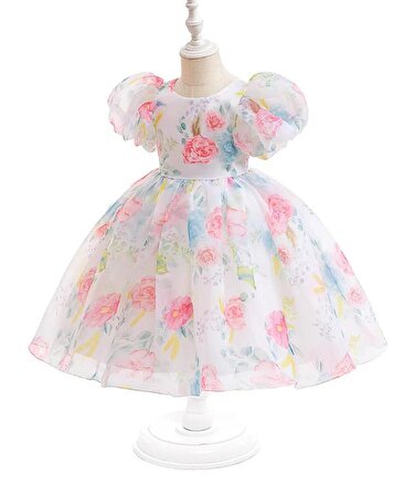 Keukenhof Desenli Kız Çocuk Abiye - Kabarık Kız Çocuk Abiye Elbisesi - Balon Çocuk  Elbisesi