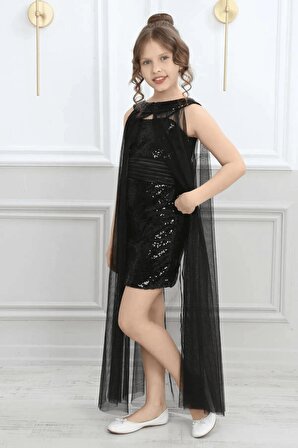 Bollywood Pelerinli Kız Çocuk Elbisesi - Pul Payet Işlemeli Balo Gece Düğün Mezuniyet Elbisesi Kıyafet - Kız Çocuk Abiye