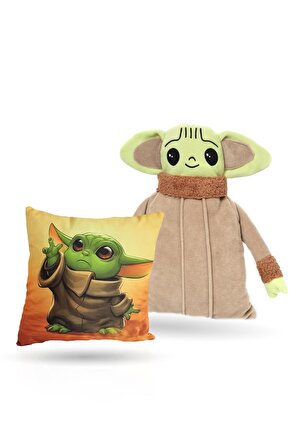 45 Cm Bebek Yoda Peluş Yastık + 28 cm Baby Yoda Yastık - Baby Yoda Peluş - Star Wars Peluş