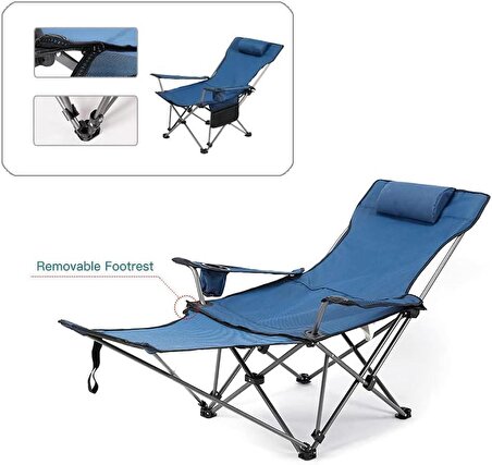 Mavi Şezlonglu Kamp Sandalyesi - 3 Fonksiyonlu (Sandalye / Masa /Şezlong)
