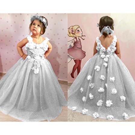 Çiçekli Sim Baskılı Tartalanlı Çocuk Abiyesi  -Tüllü Kabarık  Çocuk Elbisesi + Taç - Kız Elbise