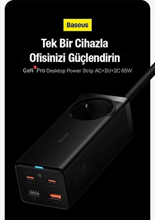 Baseus Super Şarj İstasyonu 240V Priz Çoğaltıcı 65W Type-C USB Şarj Başlık Ve 1 Mt 100W Type-C Kablo