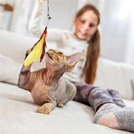 MyVirtus Teleskopik Tüylü ve Çanlı Boyu Ayarlanabilir Elastik Eğlenceli Peluş Kedi Oyun Oltası