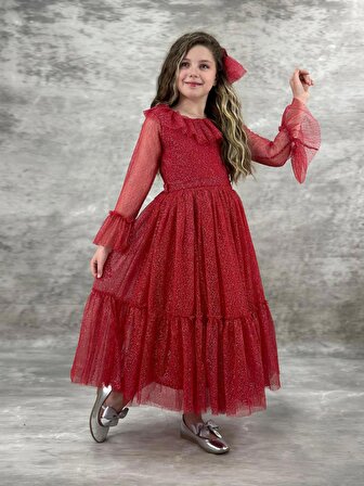 Fırfırlı Tül Simli Kumaş Elbise - Kız Çocuk Elbise - Kız Çocuk Abiye - Kız Abiye