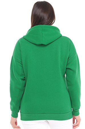 Kadın Büyük Beden Şardonlu Fermuarlı Kalın Yeşil Sweatshirt