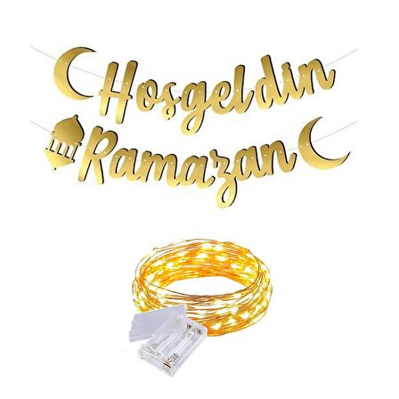 Gold Hoş Geldin Ramazan Banner + Peri Led - Kaligrafi Banner - Bayram Banner - Kaligrafi Ramazan