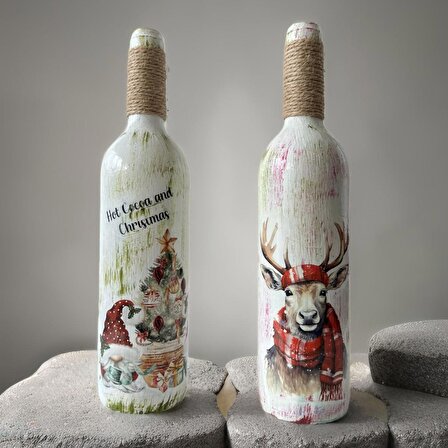 Yılbaşı Ruhuyla Tasarlanmış Şarap Şişesi Dekorasyonu, Noel Baba Temalı Çift Set