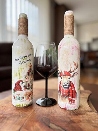 Yılbaşı Ruhuyla Tasarlanmış Şarap Şişesi Dekorasyonu, Noel Baba Temalı Çift Set