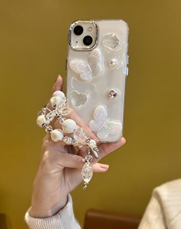 iPhone 15 Uyumlu Lux Işıltılı İnci Charmlı Kelebekli Kılıf