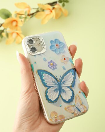 iPhone 11 Uyumlu Lens Korumalı Simli Kelebekli Çiçekli Kılıf