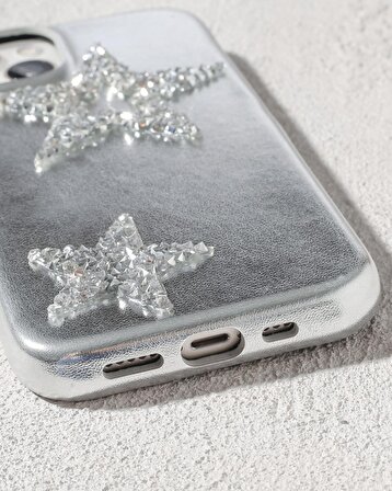 iPhone 15 Uyumlu Lüks Gümüş Yıldızlı Taşlı Kılıf