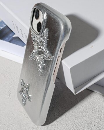 iPhone 15 Plus Uyumlu Lüks Gümüş Yıldızlı Taşlı Kılıf