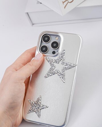iPhone 15 Pro Uyumlu Lüks Gümüş Yıldızlı Taşlı Kılıf