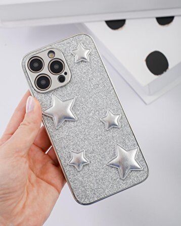 iPhone 13 Promax Uyumlu Gümüş Puf Yıldızlı Simli Kılıf