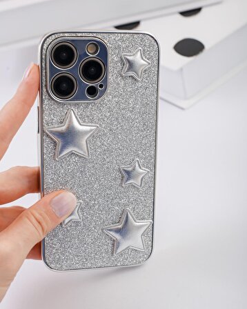 iPhone 14 Pro Uyumlu Gümüş Puf Yıldızlı Simli Kılıf
