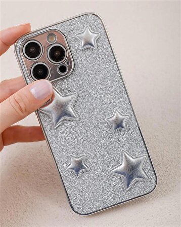 iPhone 14 Pro Uyumlu Gümüş Puf Yıldızlı Simli Kılıf