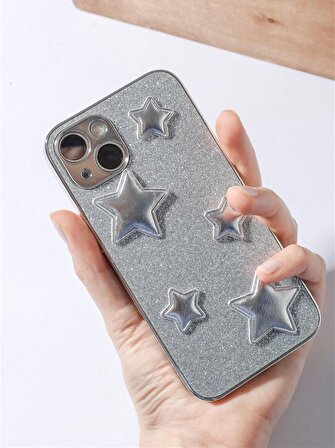 iPhone 15 Plus Uyumlu Gümüş Puf Yıldızlı Simli Kılıf