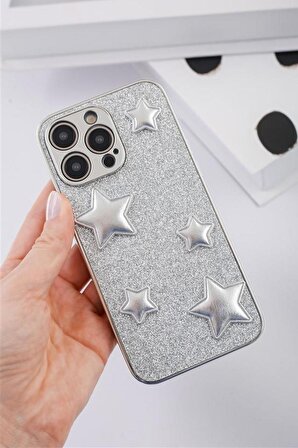 iPhone 15 Pro Uyumlu Gümüş Puf Yıldızlı Simli Kılıf