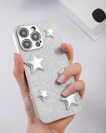 iPhone 15 Promax Uyumlu Gümüş Puf Yıldızlı Simli Kılıf