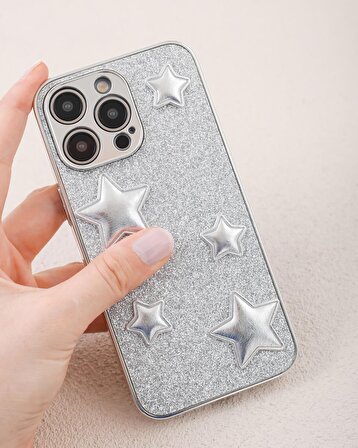 iPhone 15 Promax Uyumlu Gümüş Puf Yıldızlı Simli Kılıf
